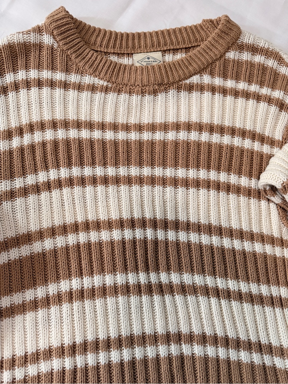 St. John's Bay Brown and Cream Striped Rib-Knit Crewneck Sweater